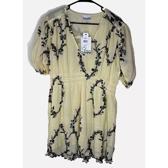 Ganni NWT Women Sz 40 US 8 Yellow Black Milkmaid Dress Floral Coquette Party - Picture 1 of 16